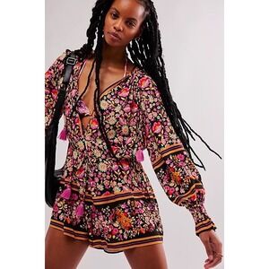 Spell Black Floral Romper with Pink & Orange Accents